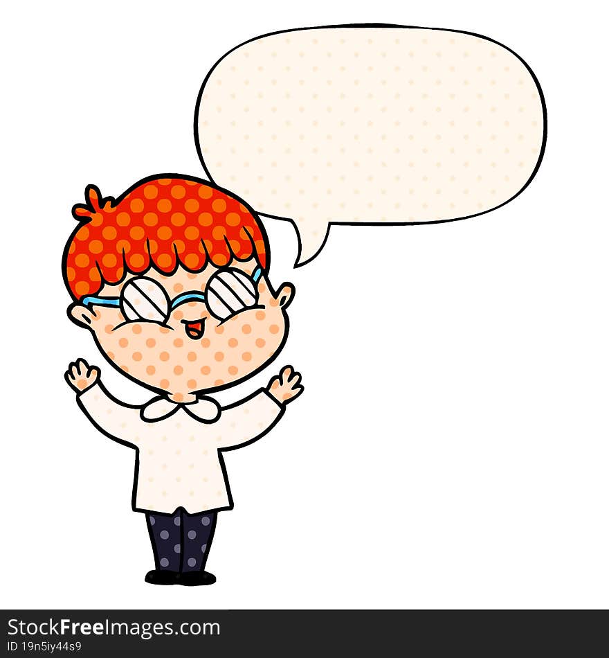 cartoon boy wearing spectacles and speech bubble in comic book style