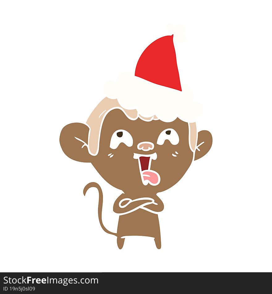 crazy flat color illustration of a monkey wearing santa hat