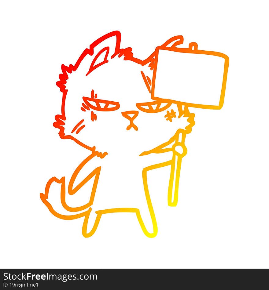 warm gradient line drawing tough cartoon cat with protest sign