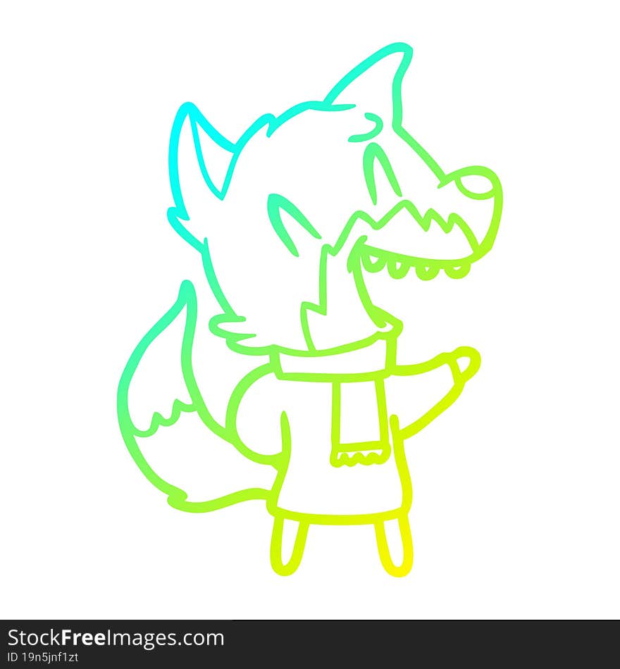 cold gradient line drawing laughing fox wearing winter clothes