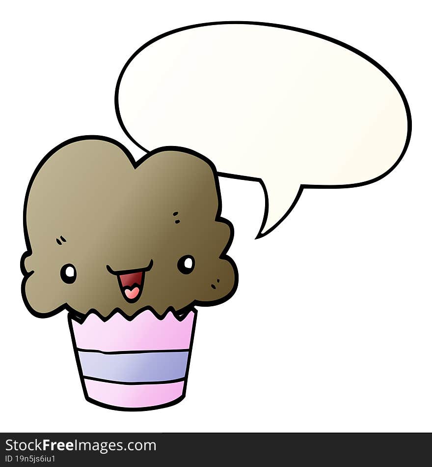 cartoon cupcake and face and speech bubble in smooth gradient style