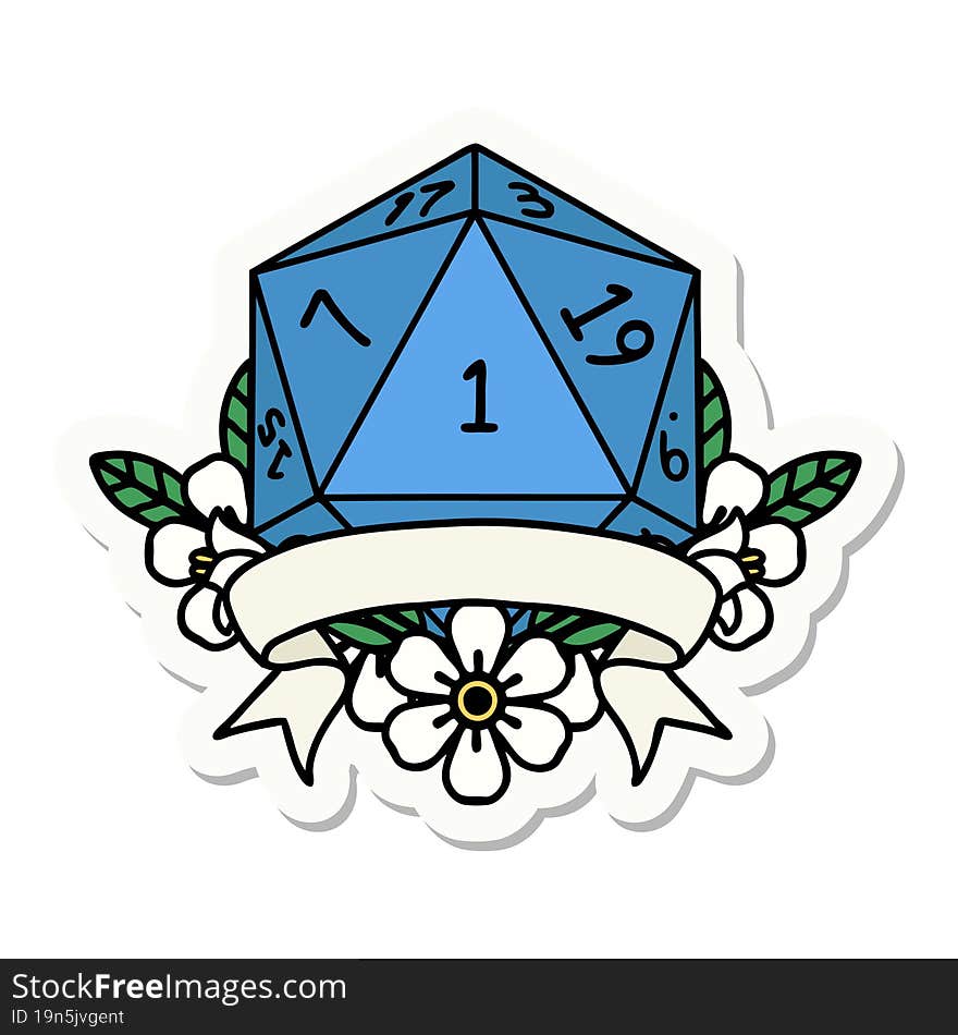 sticker of a natural one d20 dice roll. sticker of a natural one d20 dice roll