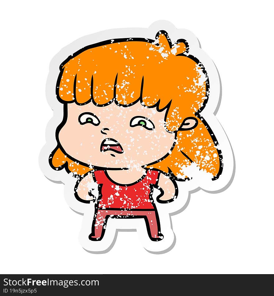 distressed sticker of a cartoon worried woman