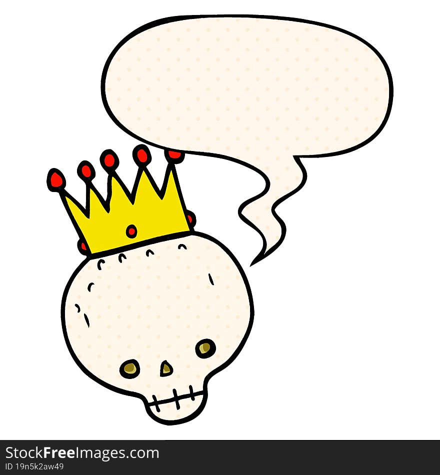 cartoon skull and crown and speech bubble in comic book style