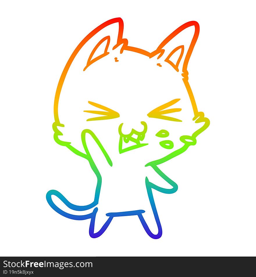 Rainbow Gradient Line Drawing Cartoon Cat Hissing