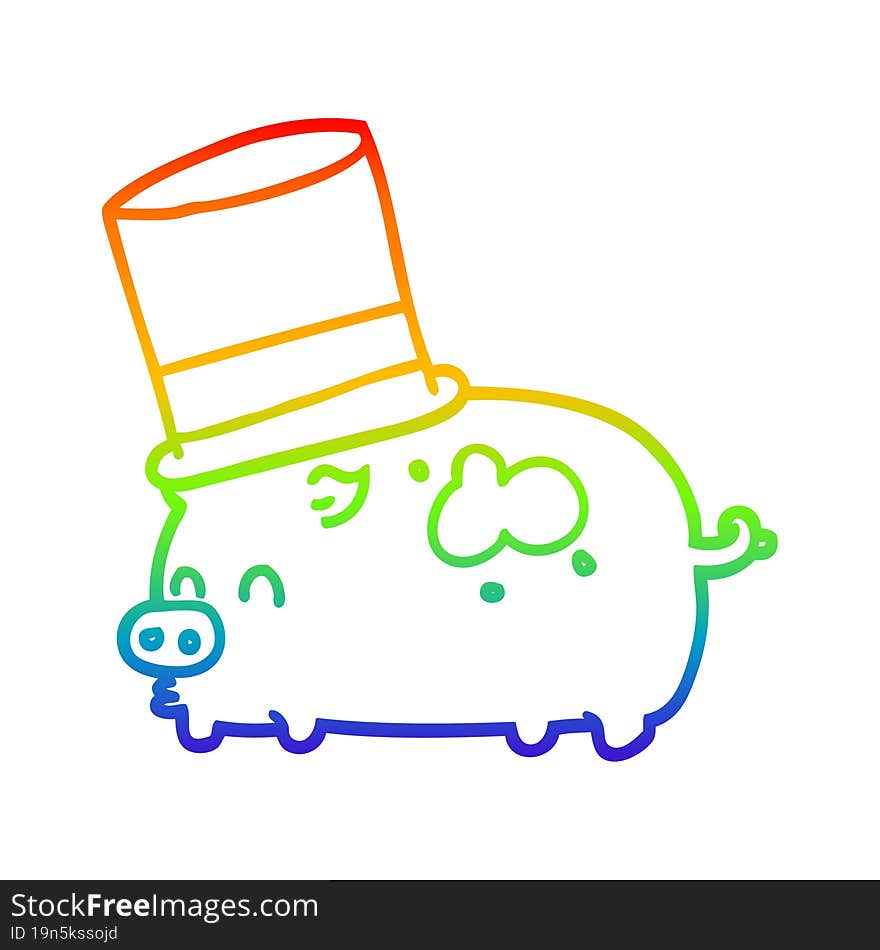 rainbow gradient line drawing cartoon pig wearing top hat