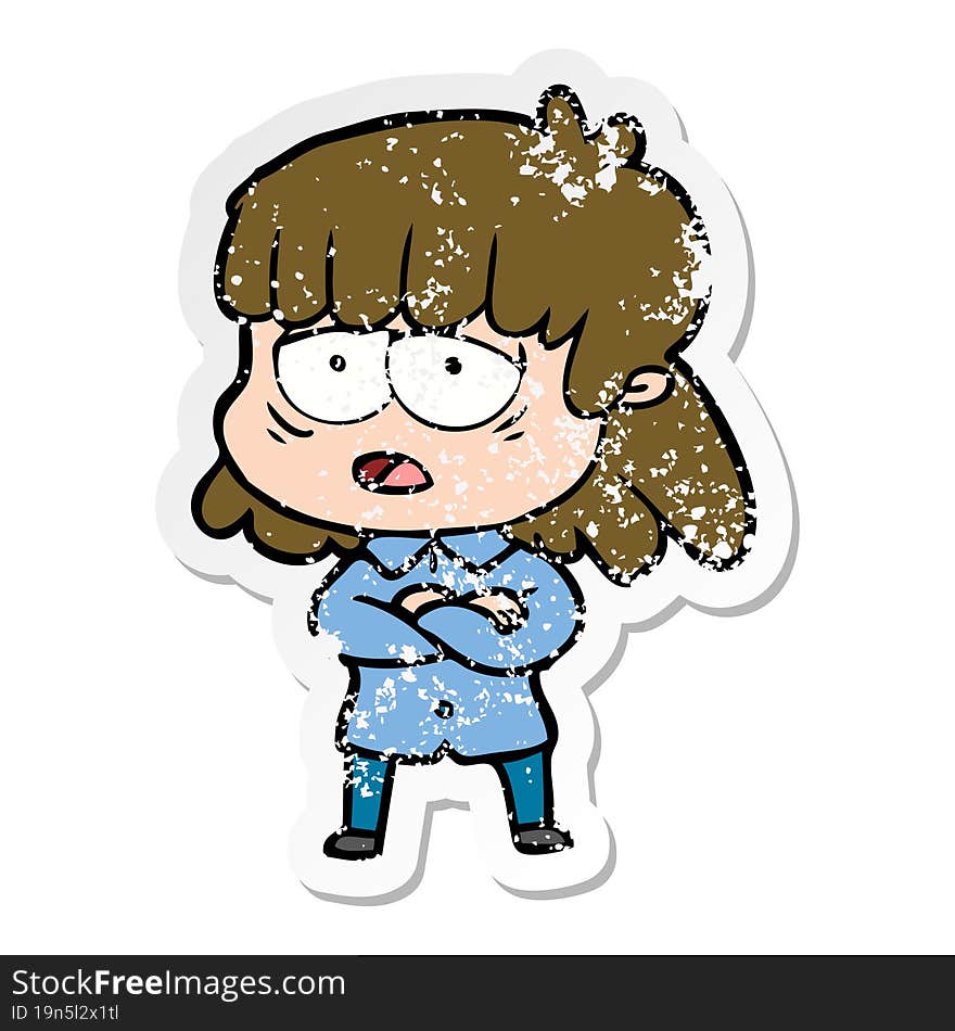 distressed sticker of a cartoon tired woman