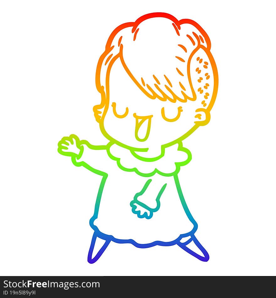 Rainbow Gradient Line Drawing Cute Cartoon Girl With Hipster Haircut