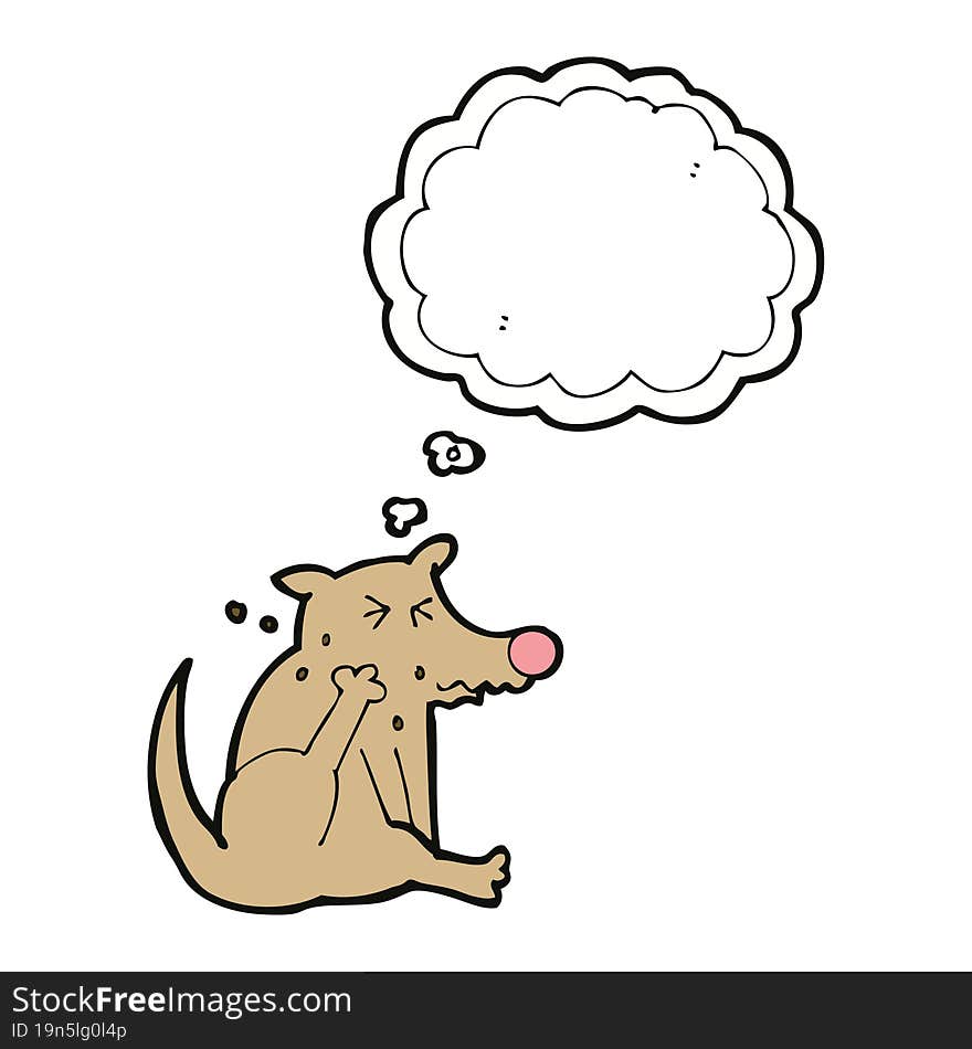 cartoon dog scratching with thought bubble