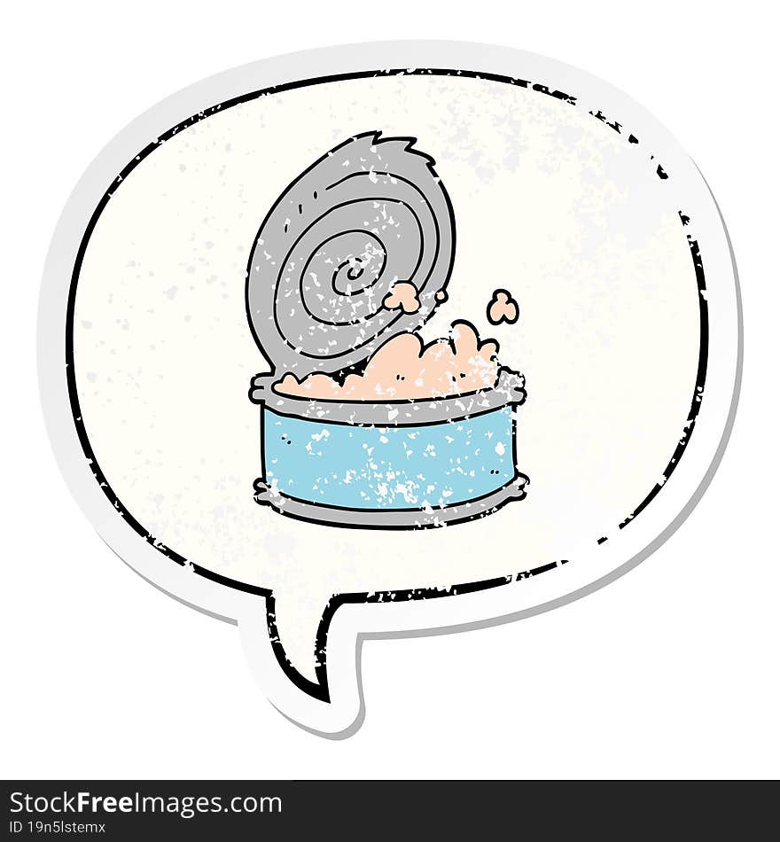 cartoon canned fish and speech bubble distressed sticker