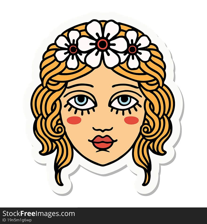 Tattoo Style Sticker Of Female Face With Crown Of Flowers