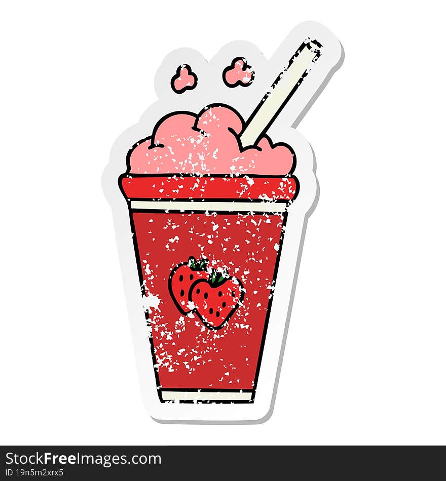 distressed sticker of a quirky hand drawn cartoon strawberry milkshake