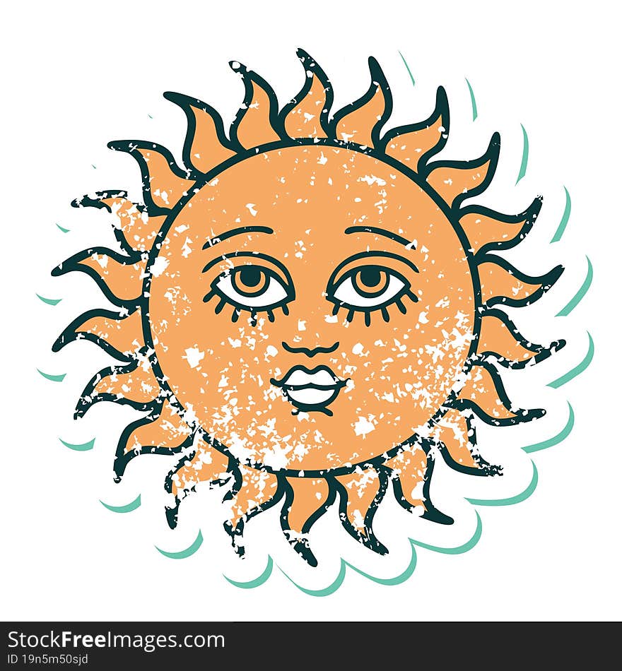 distressed sticker tattoo style icon of a sun with face