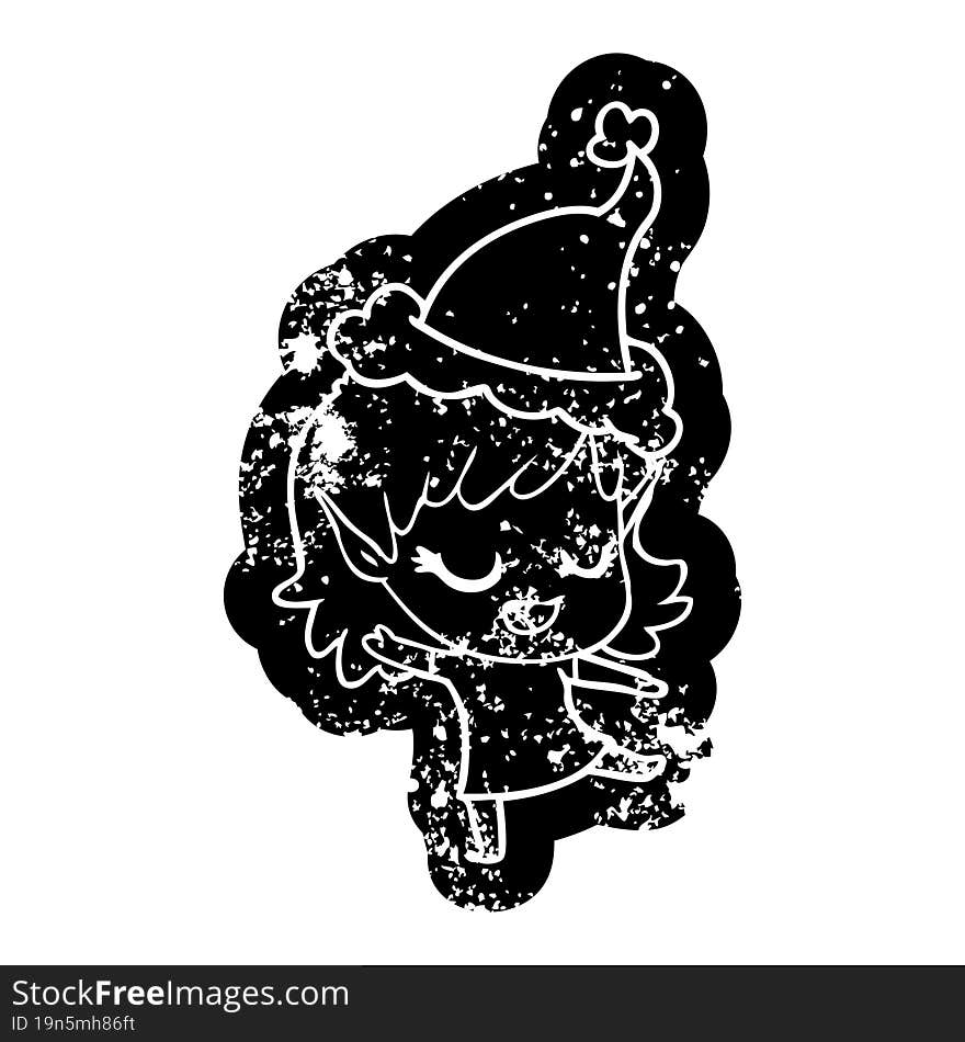 Happy Cartoon Distressed Icon Of A Elf Girl Wearing Santa Hat