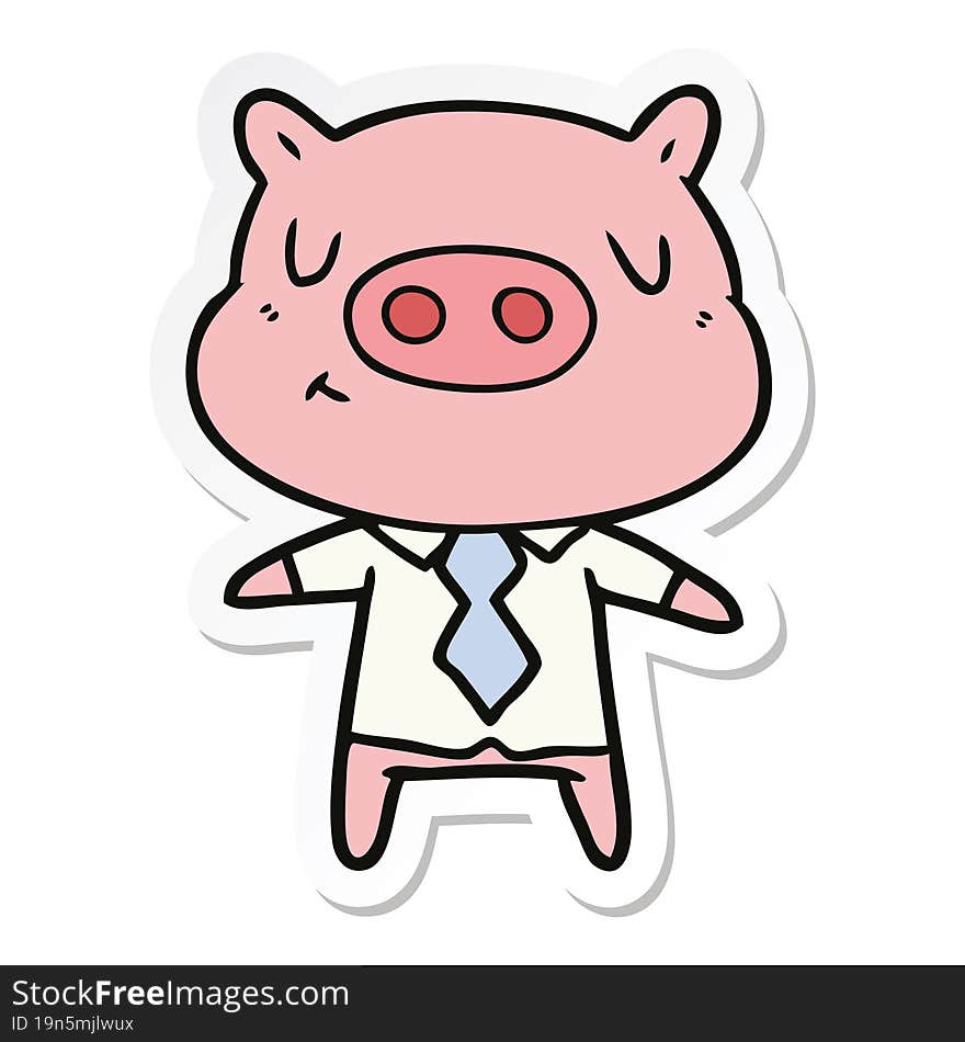 Sticker Of A Cartoon Content Pig In Shirt And Tie