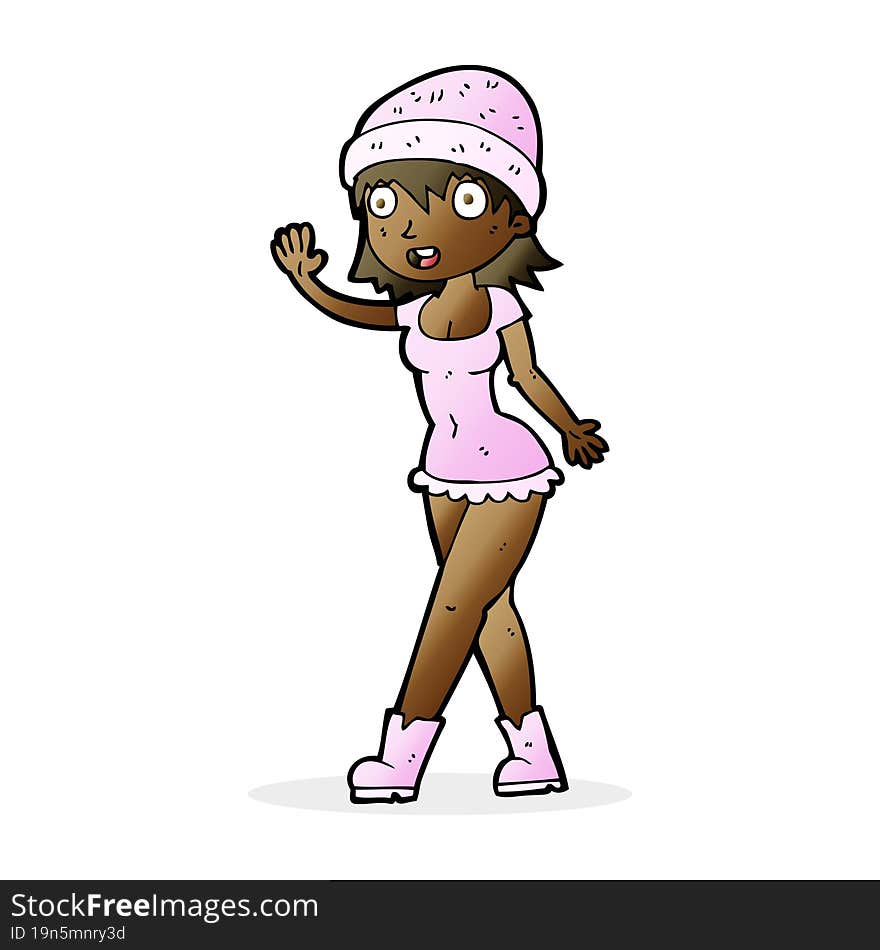 cartoon pretty girl in hat waving