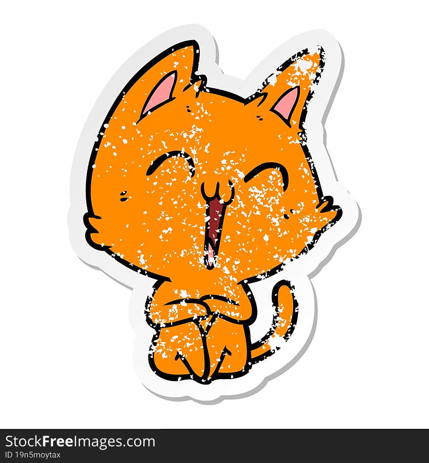 distressed sticker of a happy cartoon cat