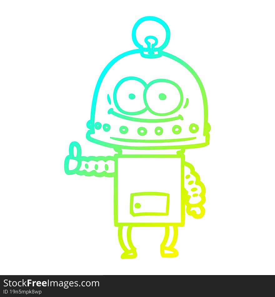 cold gradient line drawing of a happy carton robot with light bulb