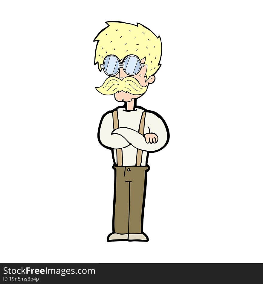 cartoon hipster man with mustache and spectacles