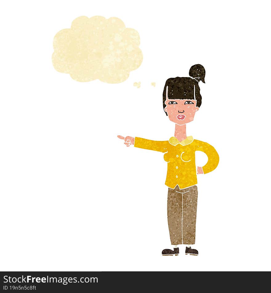 cartoon woman pointing with thought bubble