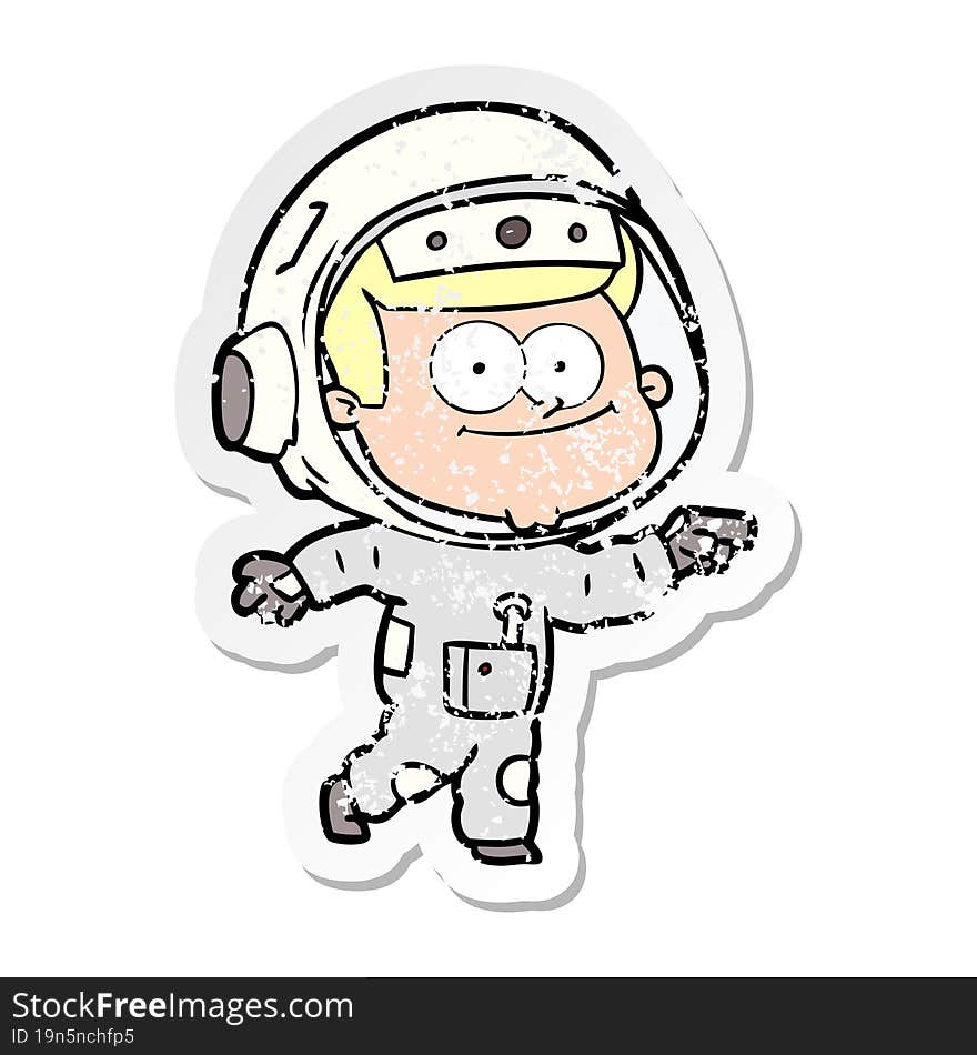 distressed sticker of a happy astronaut cartoon