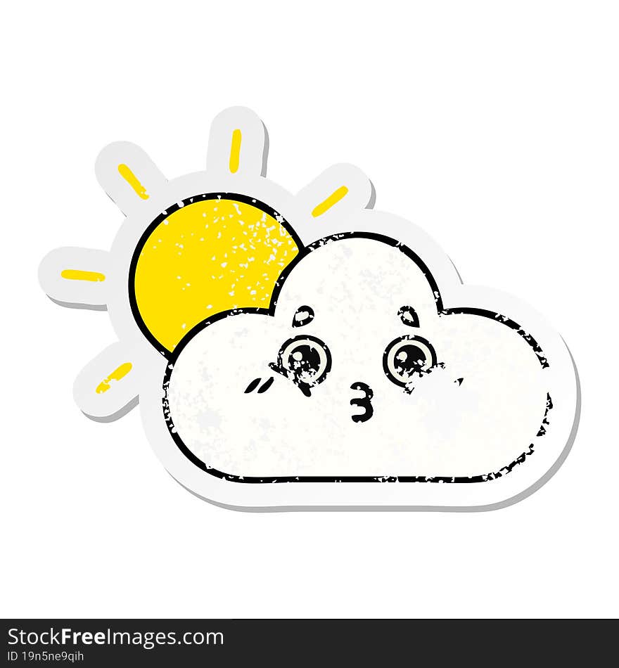 Distressed Sticker Of A Cute Cartoon Sun And Cloud