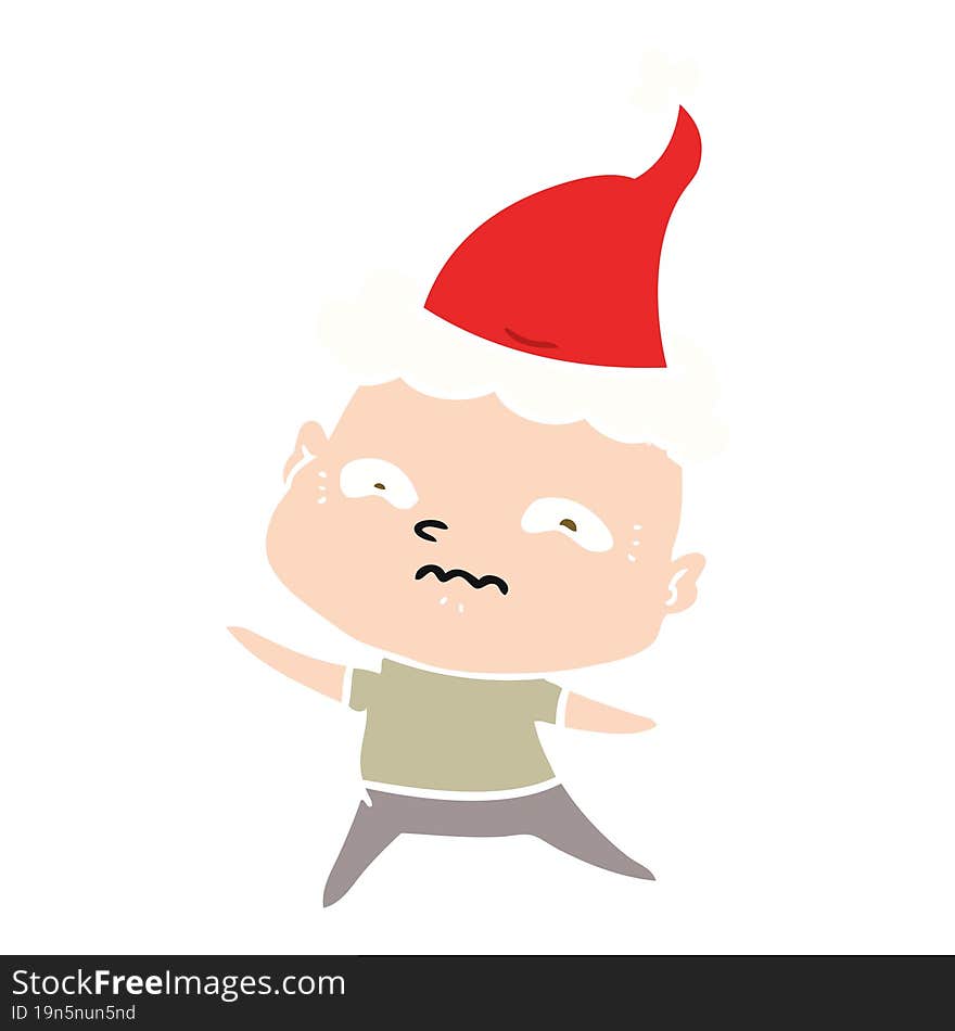 flat color illustration of a nervous man wearing santa hat