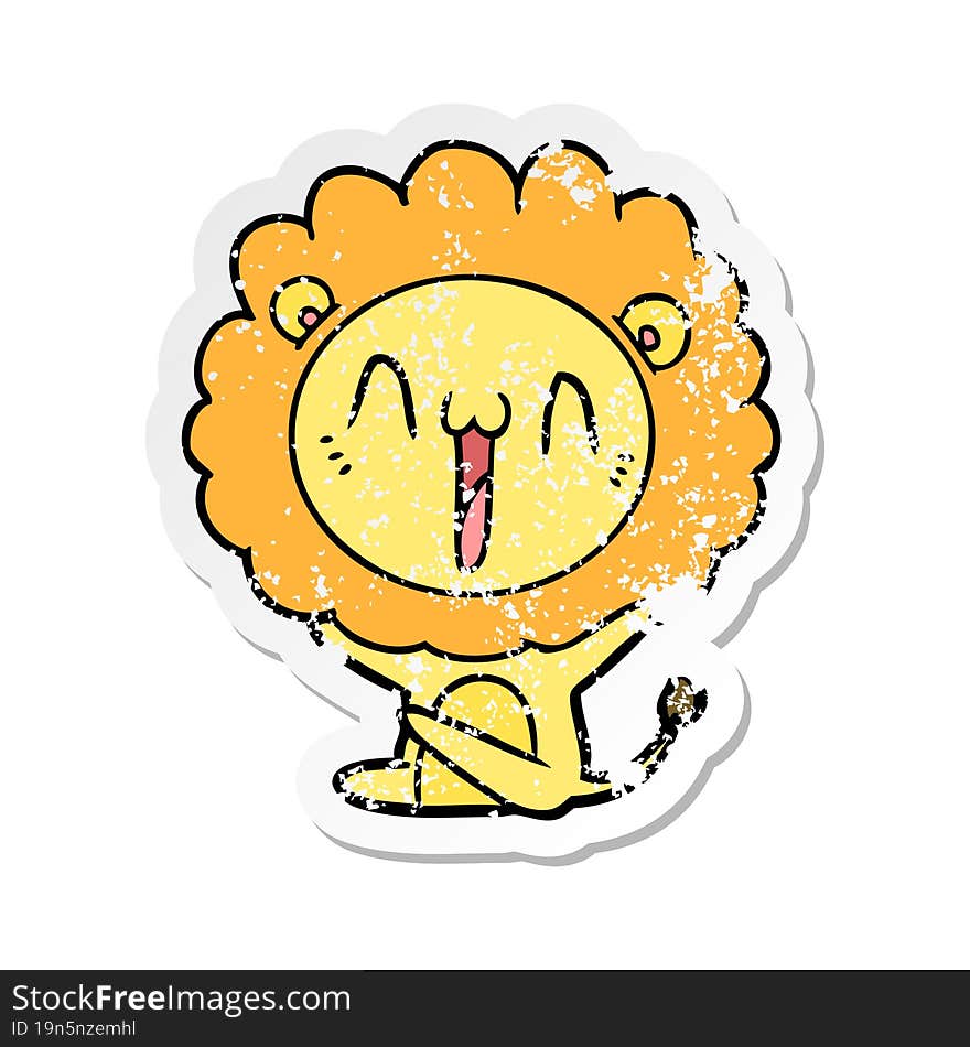 distressed sticker of a happy cartoon lion