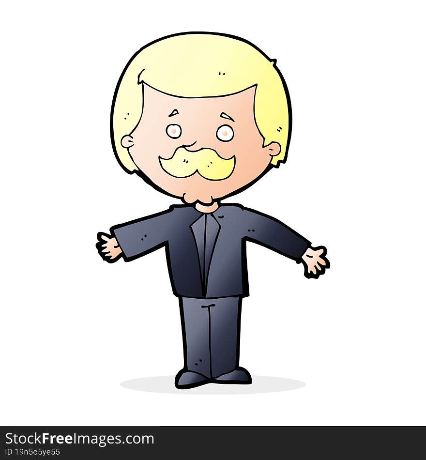 cartoon mustache man with open arms