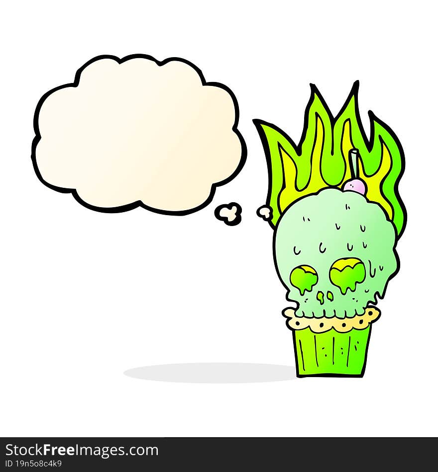 cartoon spooky skull cupcake with thought bubble