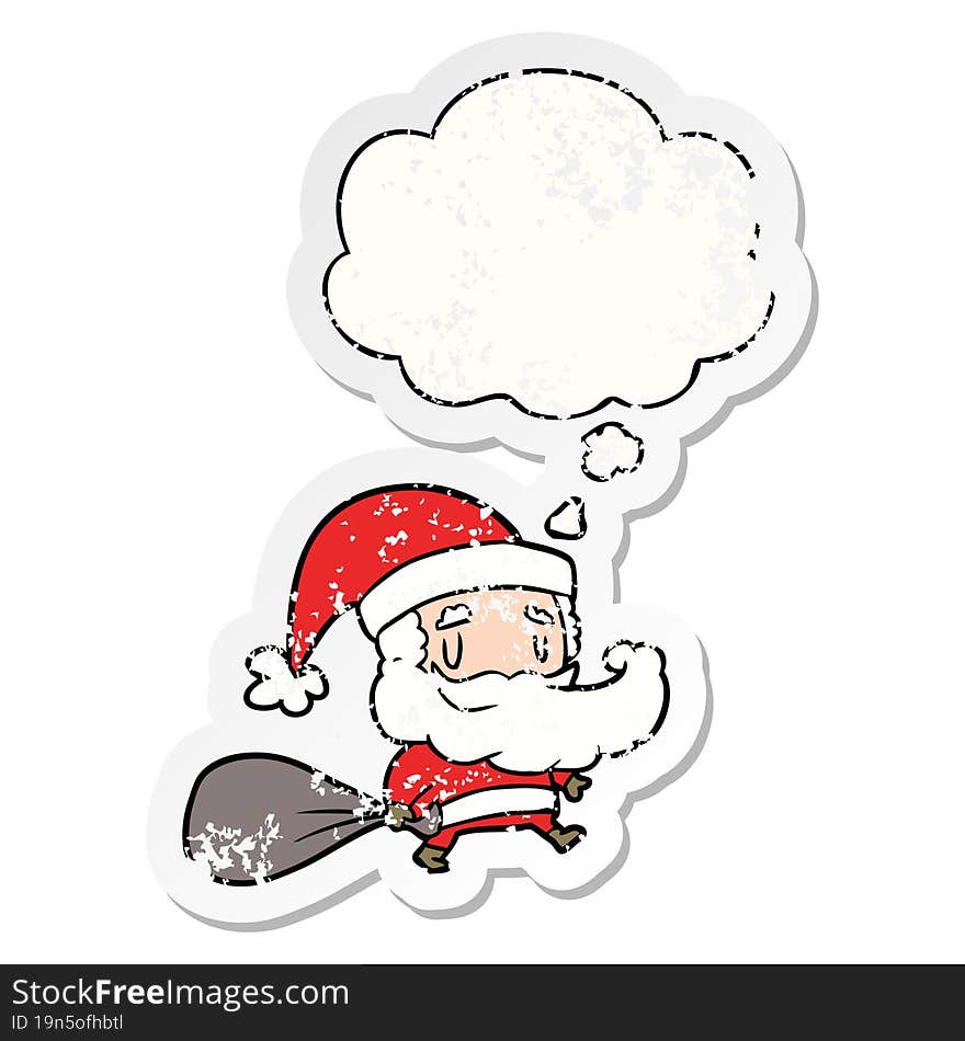 cartoon santa claus with sack and thought bubble as a distressed worn sticker