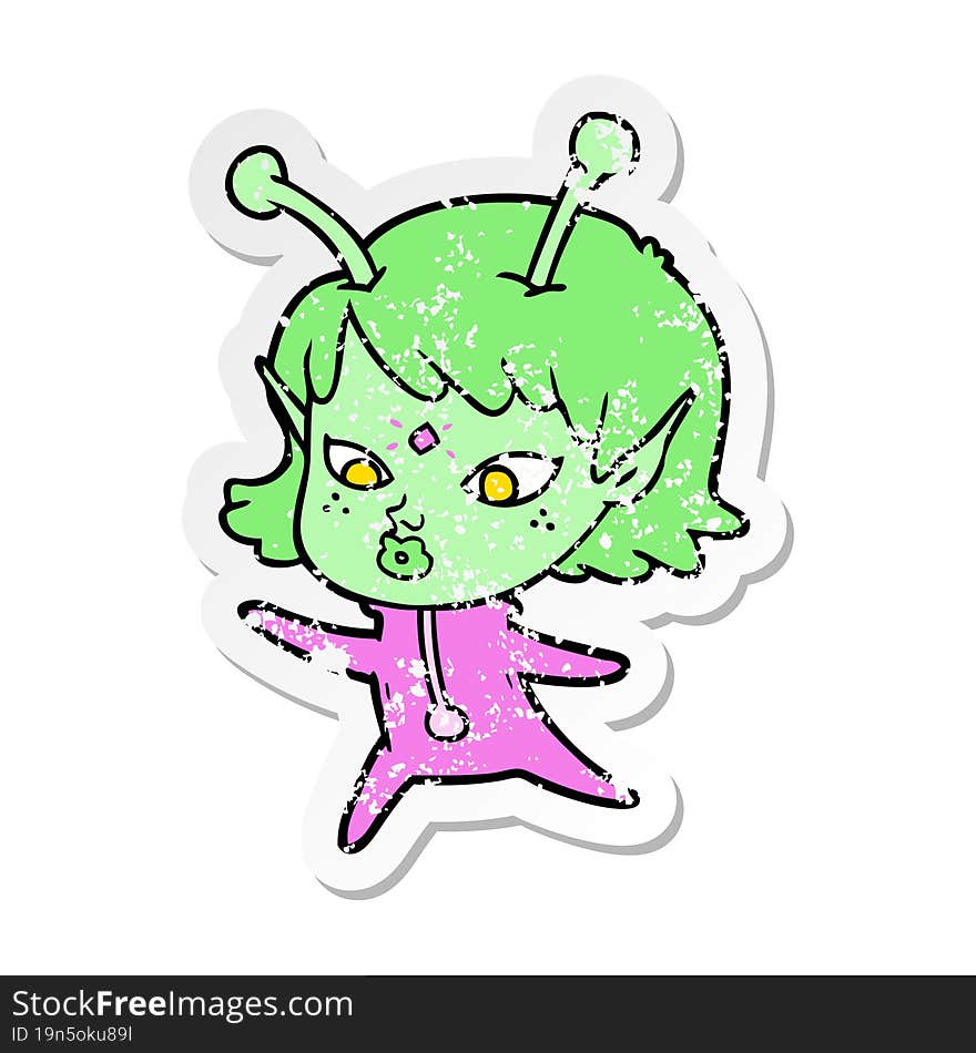 distressed sticker of a pretty cartoon alien girl