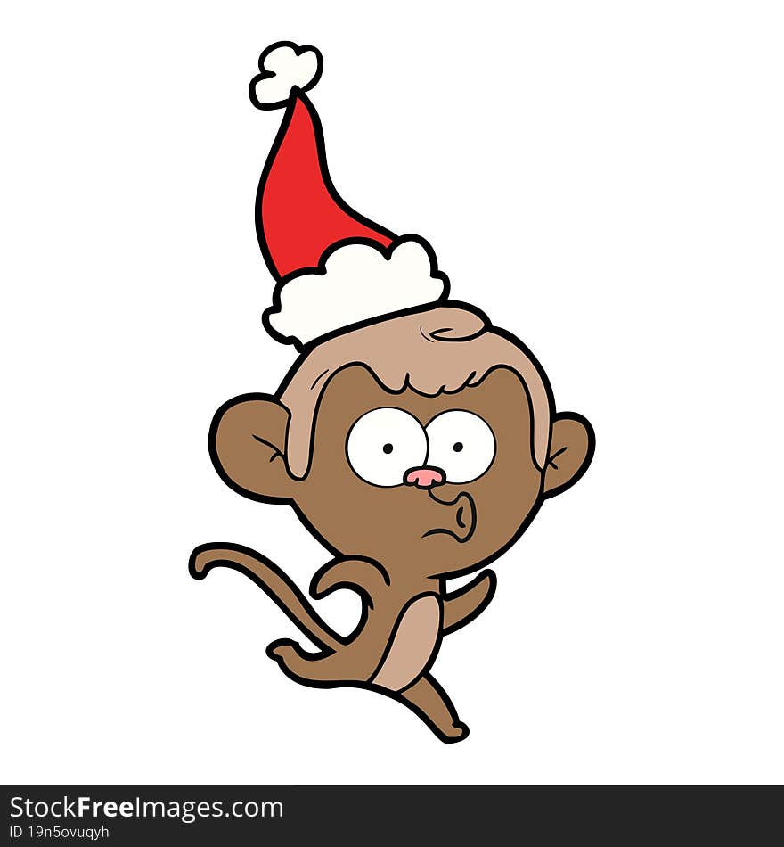 line drawing of a surprised monkey wearing santa hat