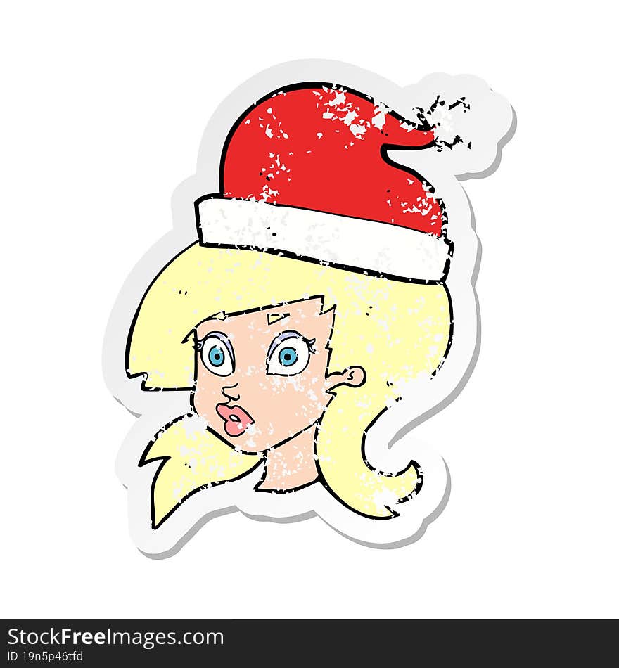 retro distressed sticker of a cartoon woman wearing christmas hat