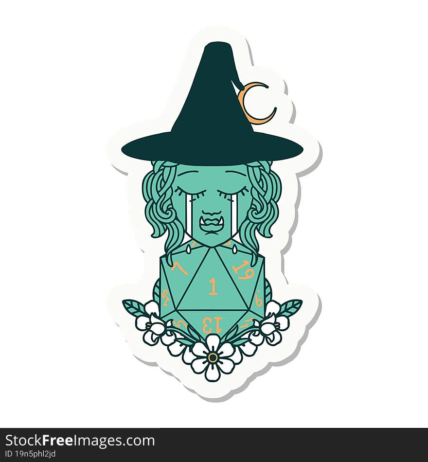 crying half orc witch with natural one D20 dice roll sticker