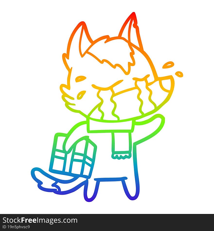 rainbow gradient line drawing cartoon crying wolf with christmas present