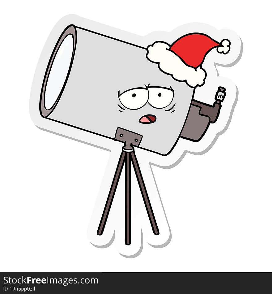 hand drawn sticker cartoon of a bored telescope with face wearing santa hat