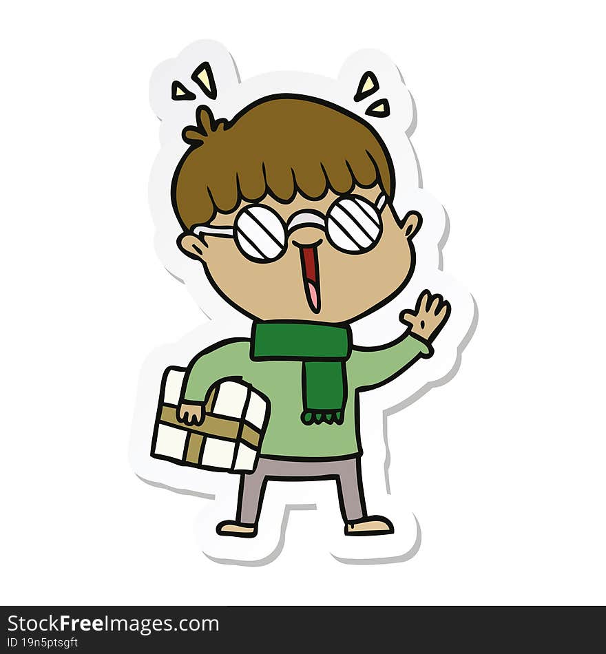 sticker of a cartoon boy with parcel waving