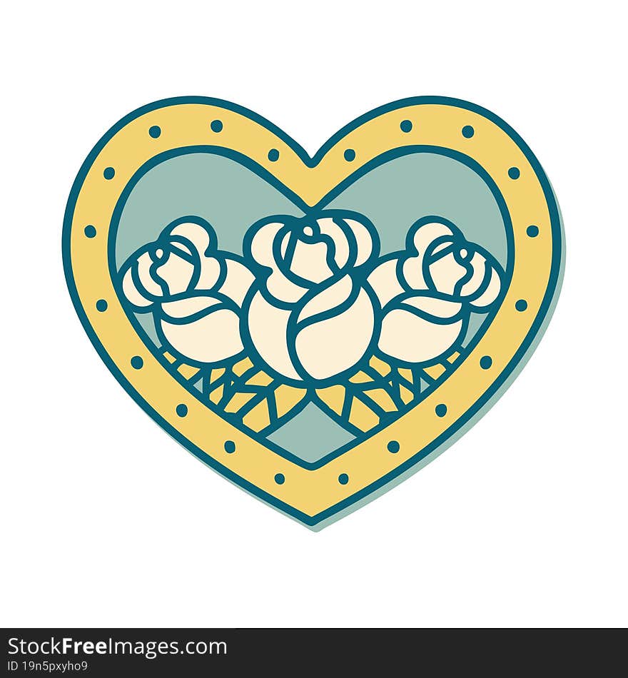 sticker of tattoo in traditional style of a heart and flowers. sticker of tattoo in traditional style of a heart and flowers