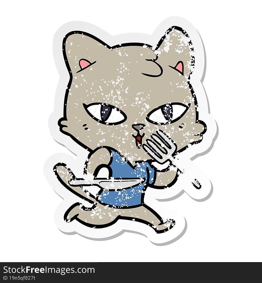 distressed sticker of a cartoon hungry cat