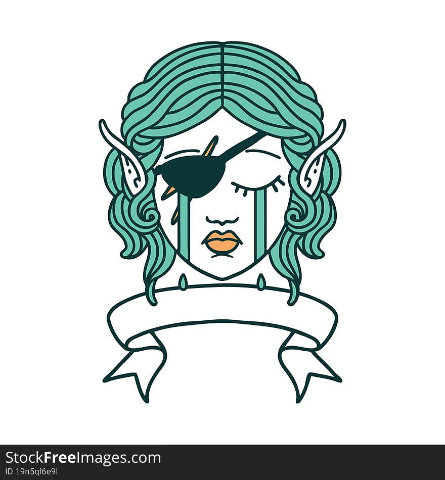 Retro Tattoo Style crying elf rogue character face with banner. Retro Tattoo Style crying elf rogue character face with banner