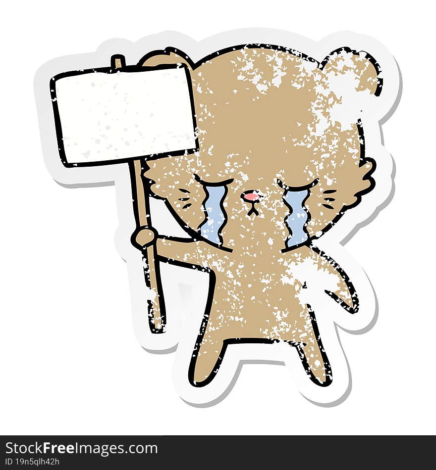 distressed sticker of a crying cartoon bear with sign post