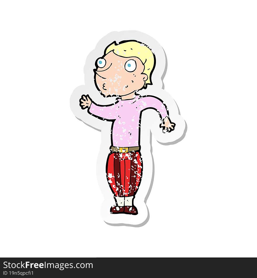 retro distressed sticker of a cartoon man in loud clothes