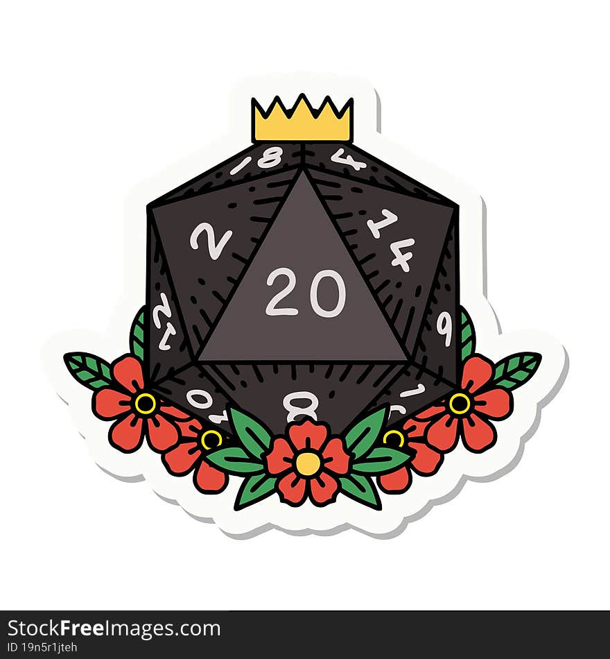 sticker of a natural 20 D20 dice roll with floral elements. sticker of a natural 20 D20 dice roll with floral elements