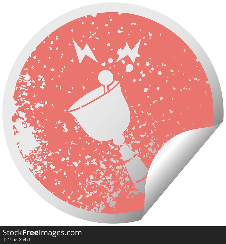 distressed circular peeling sticker symbol of a ringing hand bell