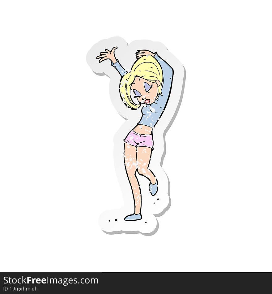 retro distressed sticker of a cartoon pretty woman dancing