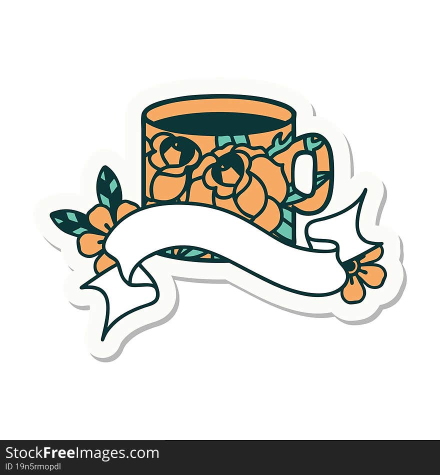 tattoo sticker with banner of a cup and flowers