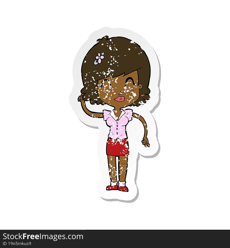 retro distressed sticker of a cartoon pretty woman with idea