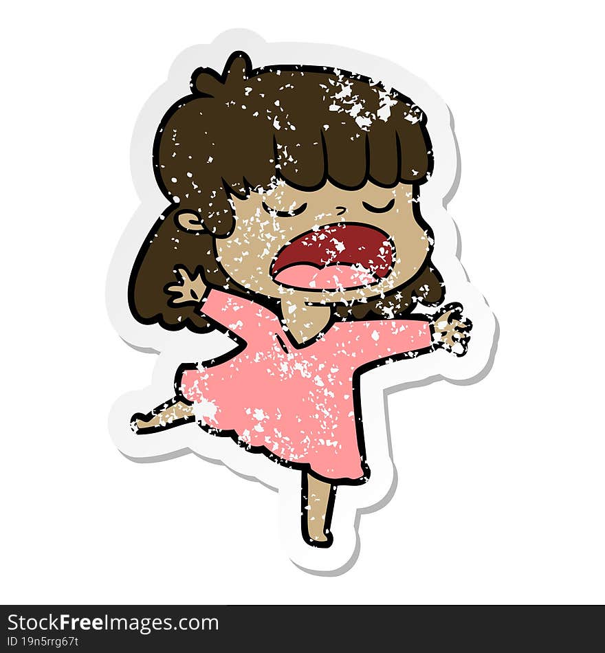 distressed sticker of a cartoon woman talking loudly