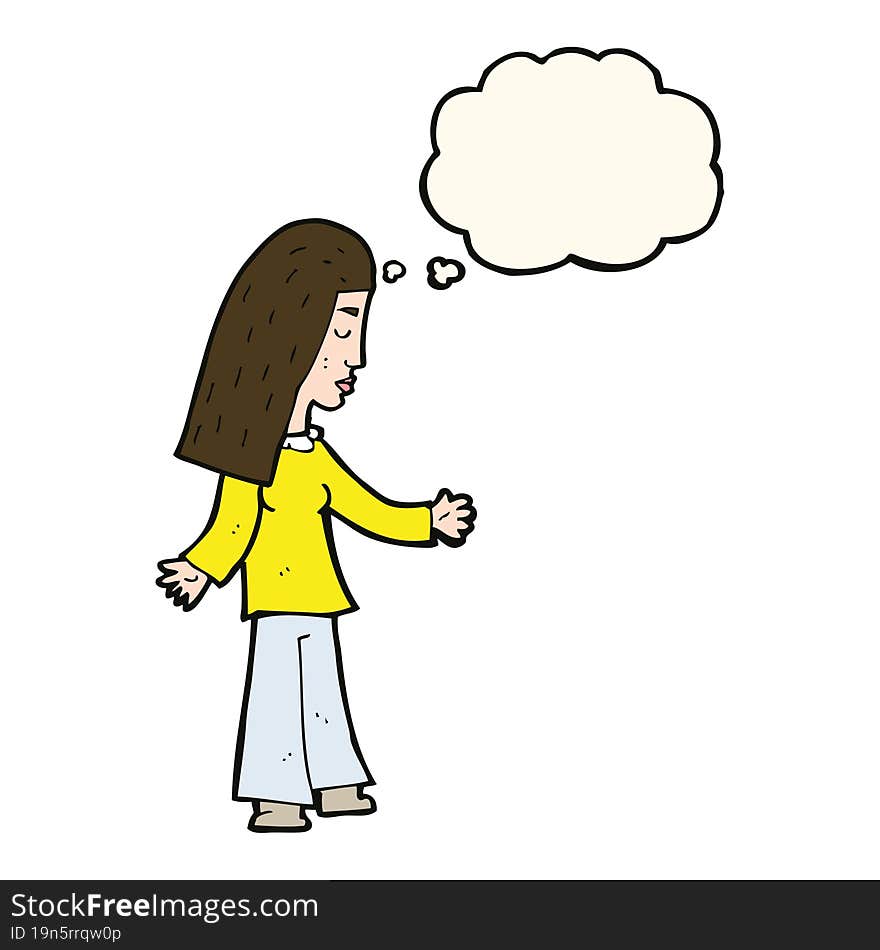 cartoon woman with open arms with thought bubble